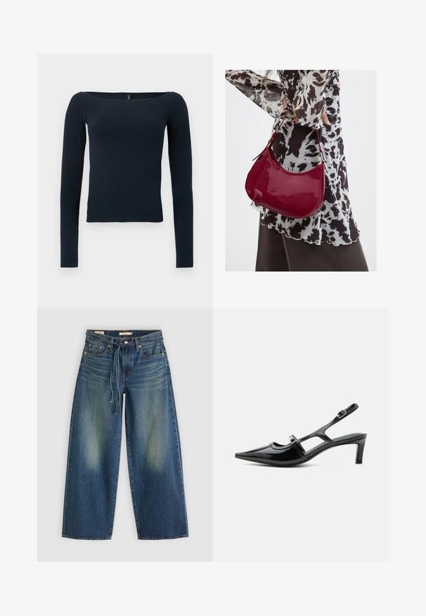 Top ajustado de manga larga en azul marino con un escote cuadrado amplio y sin patrones ni logotipos visibles.; Jeans de mezclilla de pierna ancha en azul oscuro con un diseño desgastado, que presentan una cinturilla con cordón y un estilo de cinco bolsillos.; Zapato slingback de charol negro con punta puntiaguda, tacón bajo y dos correas ajustables con hebillas, mostrado de perfil lateral.; Mujer con blusa de estampado en blanco y negro sosteniendo un bolso de hombro rojo brillante sobre un fondo liso.