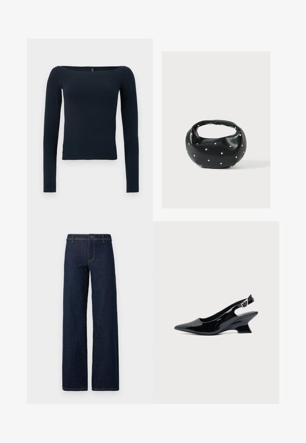Top ajustado de manga larga en azul marino con un escote cuadrado amplio y sin patrones ni logotipos visibles.; Jeans de pernera ancha de lavado oscuro con un diseño clásico de cinco bolsillos, hechos de denim, con costuras doradas y un cierre de botón en la cintura.; Zapato slingback de cuero charol negro con puntera puntiaguda y tacón bajo en bloque inclinado sobre fondo claro liso.; Bolso de mano de cuero negro con forma redondeada, decorado con detalles de tachuelas plateadas y un asa corta. Textura lisa y cierre con cremallera.