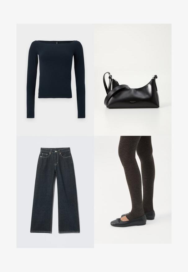 Marineblå langærmet tætsiddende bluse med en bred firkantet halsudskæring uden synlige mønstre eller logoer.; Mørkeblå jeans med vide ben, foran med knapper, lynlås, bæltestropper og fem-lomme detalje på en ensfarvet lys baggrund.; Ben iført mørke ribbede leggings kombineret med sorte balletsko med små sløjfedetaljer på hvid baggrund.; Sort læderhåndtaske med en glat tekstur. Har en justerbar stropp og et enkelt, minimalistisk design med lynlås.