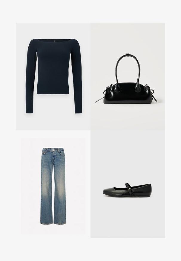 Haut ajusté bleu marine à manches longues avec un large décolleté carré, sans motifs ni logos visibles.; Jeans en denim bleu clair à jambes larges avec une texture délavée, cinq poches, une fermeture à bouton et des coutures contrastées le long des coutures.; Ballerines en cuir noir avec un bout arrondi, une semelle plate et une fine sangle ajustable sur le cou-de-pied avec une boucle en métal.; Petit sac à main noir brillant avec deux longues anses et des détails à cordon sur les côtés sur un fond clair uni.