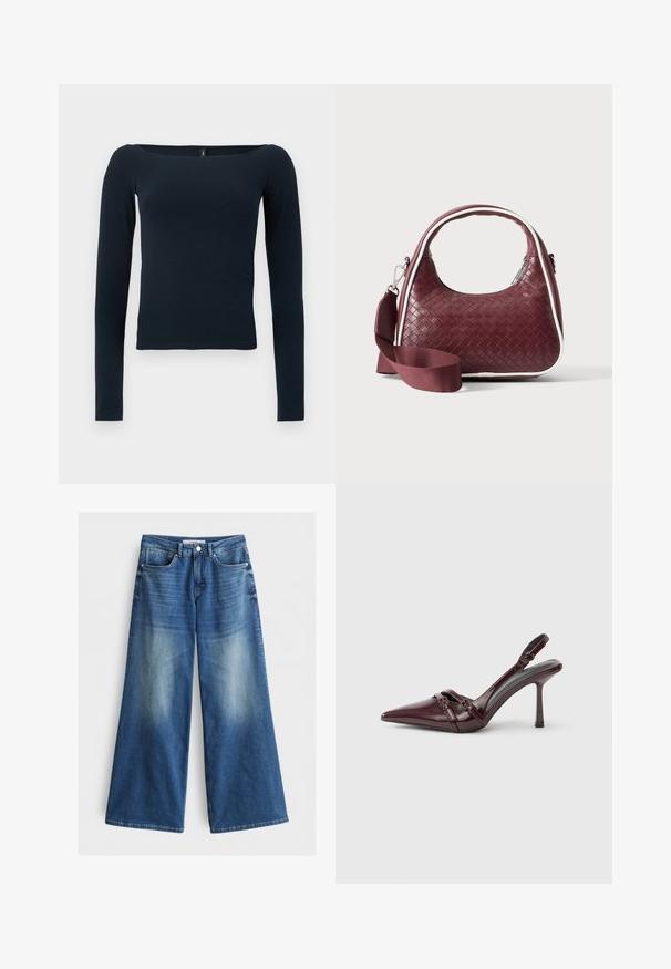 Navyblauwe, nauwsluitende top met lange mouwen, een brede vierkante halslijn en zonder zichtbare patronen of logo's.; Brede broekspijpen van denim, met een middelblauwe wassing en lichtere vervaging, vijf zakken en een knoopsluiting bij de taille.; Bordeauxrode lakleren slingback met puntige neus, dunne enkelband en kleine decoratieve gespsluiting. Gladde textuur en hoge hak.; Donkerrode geweven leren handtas met gebogen handvat, witte bies, zilveren rits en afneembare brede stoffen schouderriem tegen een effen achtergrond.