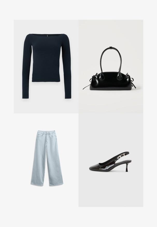 Navyblauwe, nauwsluitende top met lange mouwen, een brede vierkante halslijn en zonder zichtbare patronen of logo's.; Lichtblauwe wijde spijkerbroeken van denim, met een klassieke vijf-pocket ontwerpen en een knoopsluiting aan de taille.; Zwarte slingback schoen van lakleer met spitse neus, zilveren gesp en een middelhoog kittenhak op een effen lichte achtergrond.; Kleine zwarte glanzende handtas met twee lange hengsels en zijkant trekkoord details op een effen lichte achtergrond.