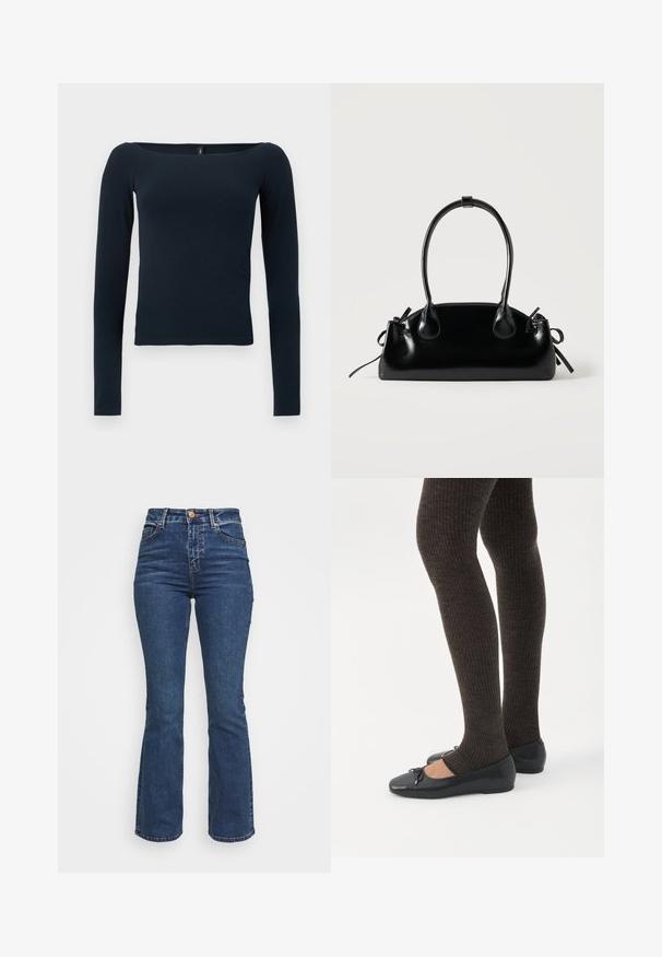 Marineblå langærmet tætsiddende bluse med en bred firkantet halsudskæring uden synlige mønstre eller logoer.; Højtaljede blå jeans lavet af denim. Flared ben-design med knaplukning og lommer. Har en klassisk vask og syning detaljer.; Ben iført mørke ribbede leggings kombineret med sorte balletsko med små sløjfedetaljer på hvid baggrund.; Lille sort blank håndtaske med to lange håndtag og snøre-detaljer i siden på en ensfarvet lys baggrund.
