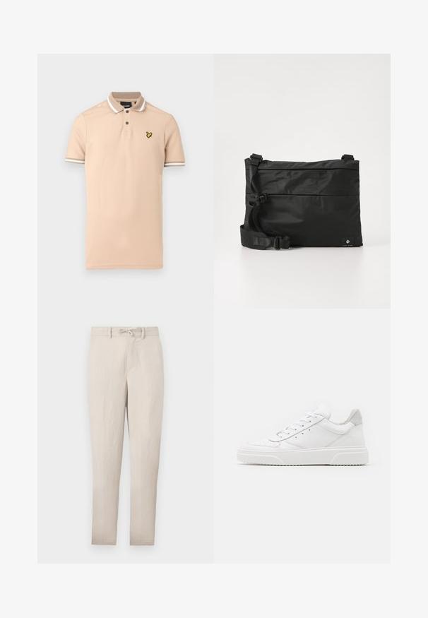 Polo beige hecho de algodón, con una tapeta de dos botones, detalles de rayas blancas en el cuello y las mangas, y un logo amarillo en el pecho.; Pantalones tapered ligeros en color beige con cintura ajustable, frontales lisos y mínimas arrugas. Presentan pasadores para cinturón y bolsillos laterales.; Zapatillas de cuero blanca con un acabado suave, punta redondeada, cordones planos y una suela texturada. Acento de ante gris en el talón.; Bolso mensajero de nylon negro con correa ajustable, diseño plano y una etiqueta lateral con un logo. Textura suave y estilo minimalista.