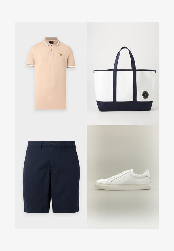Polo beige hecho de algodón, con una tapeta de dos botones, detalles de rayas blancas en el cuello y las mangas, y un logo amarillo en el pecho.; Pantalones cortos azul marino hechos de tejido ligero. Presentan un cierre de botón, parte delantera plana y dos bolsillos laterales. Diseño clásico de corte recto.; Zapatilla blanca de perfil bajo con cordones en la parte delantera y suela gruesa, mostrada de lado sobre un fondo neutro.; Bolso tote hecho de lona blanca con acentos en azul marino. Presenta dos asas resistentes y un parche de logo en la parte frontal. Forma rectangular.