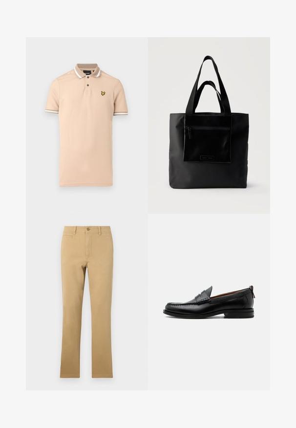 Beige poloshirt lavet af bomuld med en to-knaps lukning, hvide stribede detaljer på kraven og ærmerne, samt en gul logo på brystet.; Kaki-farvede lige ben bukser lavet af bomuld, med knaplukning, forlommer og en glat overflade.; Sort læder herre loafer med moc-tå syning, penny strop, struktureret krave og lav stablet hæl på hvid baggrund.; Sort tote-taske med lynlåslomme foran og to håndtag, sat mod en ensfarvet lys baggrund.