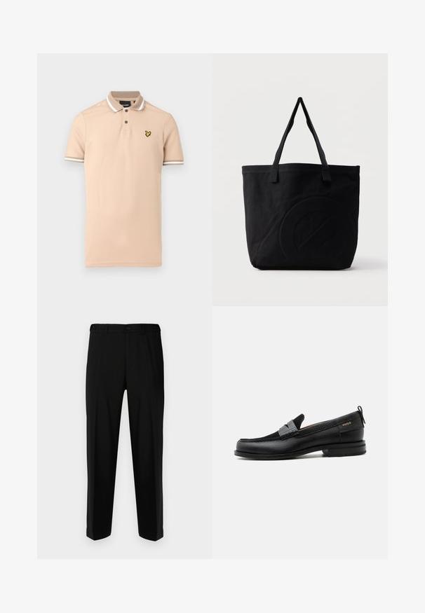 Polo beige hecho de algodón, con una tapeta de dos botones, detalles de rayas blancas en el cuello y las mangas, y un logo amarillo en el pecho.; Pantalones negros de tela suave, con corte recto, dos bolsillos frontales y cremallera con cierre de botón.; Mocasín de cuero negro con detalle de tira gris, tacón bajo y suela texturizada, con la marca "HUGO" en oro en el lateral.; Bolsa tote de lona negra con dos correas para el hombro y un diseño circular en relieve sutil en el frente.
