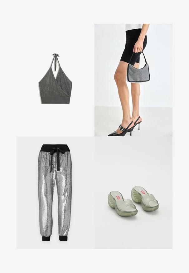 Crop top gris en maille à col halter, devant style cache-cœur et large bord-côte sur fond blanc.; Pantalons jogger en sequins argentés avec une taille élastique noire, un cordon de serrage et des poignets noirs aux chevilles pour un ajustement fuselé.; Melissa MELISSA QUANTUM PLATFORM X DIESEL AD - Sandales de bain - clear; Sac à main à perles noires avec une silhouette courbée, une poignée de transport et une texture brillante. Porté avec des chaussures à talons hauts noires et un short noir ajusté.
