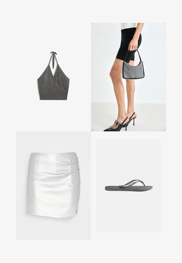 Graues Neckholder-Strick-Crop-Top mit Wickel-Front und breitem geripptem Saum vor weißem Hintergrund.; Even&Odd by Zalando Shorts - silver; Flache graue Flip-Flop-Sandale mit strukturiertem Fußbett und dünnen Y-förmigen Riemen, von der Seite vor einem schlichten hellen Hintergrund gezeigt.; Schwarze Perlen-Handtasche mit geschwungener Silhouette, Tragegriff und glänzender Textur. Kombiniert mit schwarzen High Heels und enganliegenden schwarzen Shorts.