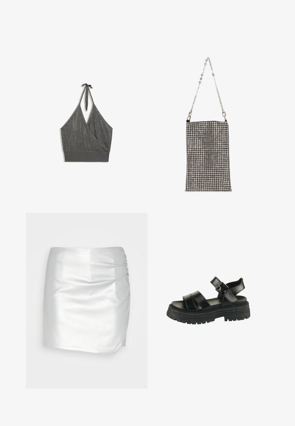 Harmaa halterneck-neulecroptop, jossa kietaisumallinen etuosa ja leveä resorireuna valkoisella taustalla.; Even&Odd Shortsit - silver; Mustat, paksupohjaiset sandaalit, joissa kaksi leveää eturenkasta, nilkkaremmi ja hopeinen solki valkoisella taustalla.; Pieni suorakaiteen muotoinen iltalaukku, joka on päällystetty hopeisilla strasseilla ja jossa on ohut hopeinen ketjuhihna. Valkoisella taustalla.