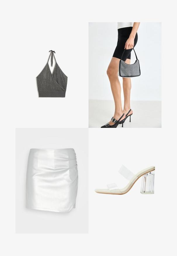Crop top gris en maille à col halter, devant style cache-cœur et large bord-côte sur fond blanc.; Even&Odd Short - silver; Sandales à talons transparents avec des brides transparentes, une semelle de couleur beige et un gros talon en acrylique transparent. Design épuré et lisse avec une esthétique minimaliste.; Sac à main à perles noires avec une silhouette courbée, une poignée de transport et une texture brillante. Porté avec des chaussures à talons hauts noires et un short noir ajusté.