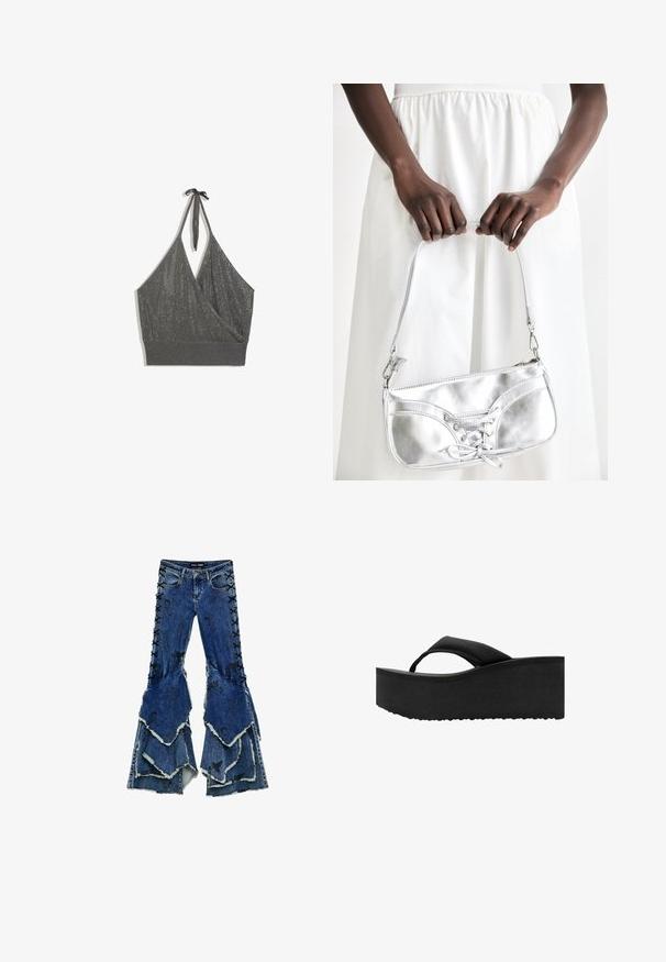 Crop top gris en maille à col halter, devant style cache-cœur et large bord-côte sur fond blanc.; Jean en denim bleu à pattes d'éléphant avec une conception de volants superposés, présentant des détails lacés noirs sur les côtés et des bords effilochés.; Tongs noires à semelle plate épaisse et rembourrée avec une large bride sur les orteils, vues de côté sur fond blanc.; Sac à main en métal argenté avec un détail à lacets, arborant un design épuré et une courte sangle. Le sac est tenu dans les mains, mettant en valeur sa texture.
