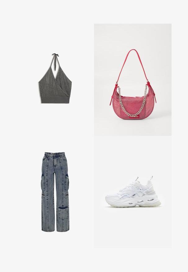 Graues Neckholder-Strick-Crop-Top mit Wickel-Front und breitem geripptem Saum vor weißem Hintergrund.; Denim-Cargohosen in Hellblau. Merkmale sind weite Beine, mehrere Seitentaschen und kontrastierende Akzente aus dunklem Denim. Strukturiert mit sichtbaren Nähten.; Weißer Sneaker mit dickem Profil, geschichtetem Mesh- und Synthetik-Obermaterial, mit gemusterten Akzenten, Schnürsystem und Zuglasche.; Rote perforierte Handtasche in gewölbter Form, mit einem silbernen Kettenakzent und einem passenden Schultergurt. Logo auf der Vorderseite.