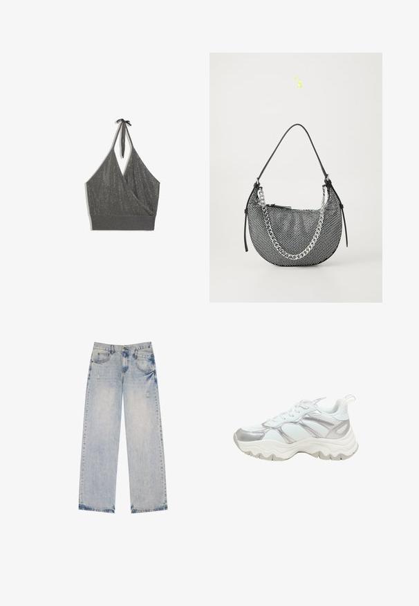 Grå halterneck strikket croptop med omslag foran og bred ribbet kant på hvid baggrund.; Lysblå denimjeans med lige ben-design, der har slidte detaljer, fem lommer og synlige sømdetaljer.; Hvid og sølv atletiksneaker med kraftig sål, snørelukning og trækflig ved hælen, vist fra siden på hvid baggrund.; Sort mesh håndtaske i halvmåneform, med en sølv kædestropp og sorte læderdetaljer. Struktureret overflade med lynlåslukning.