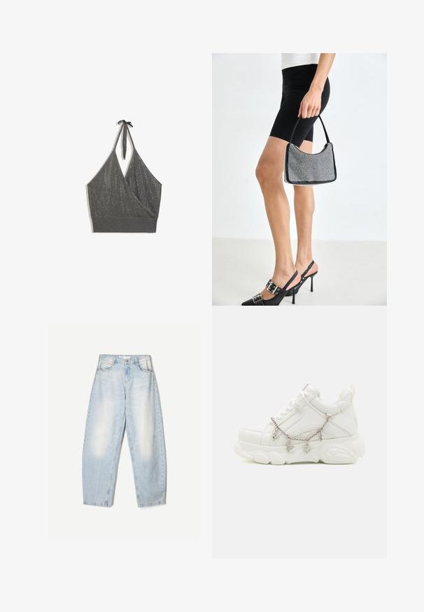 Graues Neckholder-Strick-Crop-Top mit Wickel-Front und breitem geripptem Saum vor weißem Hintergrund.; Hellblaue Jeans aus Denim mit lockerer Passform, im ausgewaschenen Finish, zwei Fronttaschen und einem Knopfverschluss am Bund.; Weiße Sneakers mit dicker Sohle, strukturiertem Obermaterial aus Leder und dekorativer Metallkette mit Anhängern. Sie verfügen über eine Schnürung und einen gepolsterten Kragen.; Schwarze Perlen-Handtasche mit geschwungener Silhouette, Tragegriff und glänzender Textur. Kombiniert mit schwarzen High Heels und enganliegenden schwarzen Shorts.