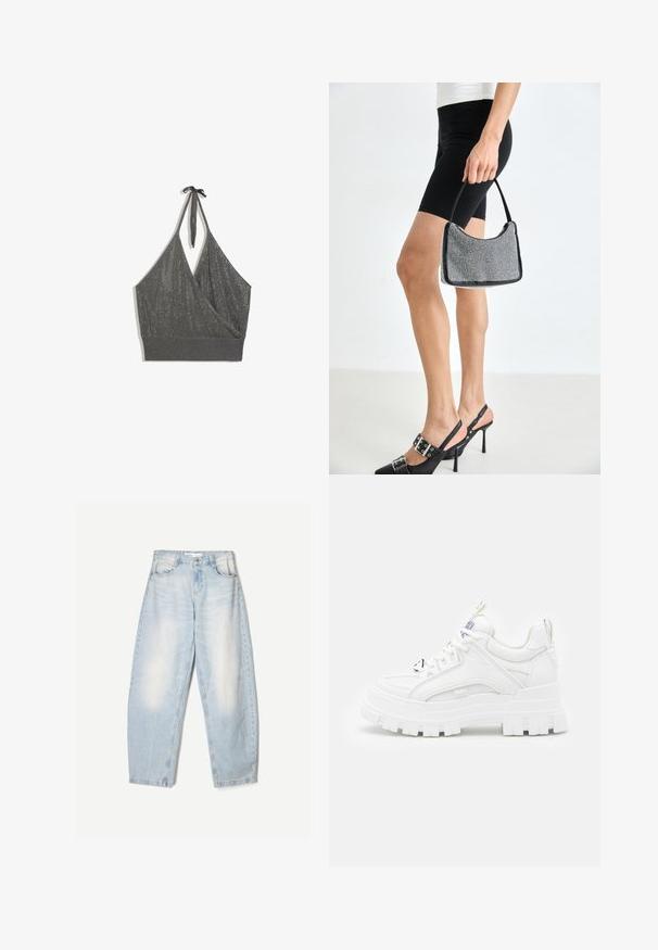 Graues Neckholder-Strick-Crop-Top mit Wickel-Front und breitem geripptem Saum vor weißem Hintergrund.; Hellblaue Jeans aus Denim mit lockerer Passform, im ausgewaschenen Finish, zwei Fronttaschen und einem Knopfverschluss am Bund.; Weiße klobige Sneakers mit einer strukturierten Oberseite, gepolstertem Schaft und dicker, gerippter Sohle. Verfügt über kontrastierende schwarze Schnürsenkel und Branding-Details.; Schwarze Perlen-Handtasche mit geschwungener Silhouette, Tragegriff und glänzender Textur. Kombiniert mit schwarzen High Heels und enganliegenden schwarzen Shorts.
