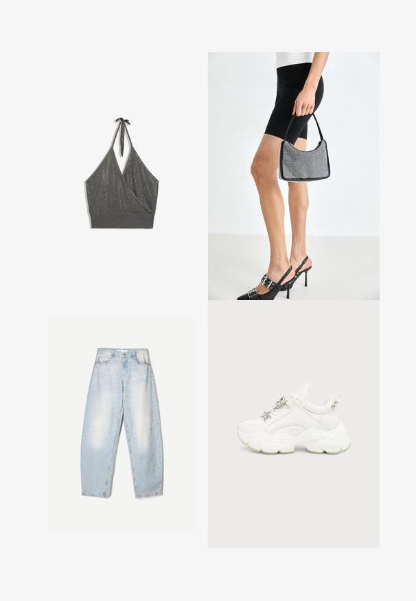 Sivý pletený crop top s halter neck, prednou časťou so zavinovacím vzhľadom a širokým rebrovaným lemom na bielom pozadí.; Svetlomodré džíny s voľným strihom, so zovretým vzhľadom, dvomi prednými vreckami a gombíkovým zapínaním na páse.; Biele masívne tenisky s hrubou štruktúrovanou podrážkou, striebornou hviezdou a motýľovými ozdobami na bielych šnúrkach a striebornými cvočkami na pätovej záložke.; Čierna korálková kabelka s zakriveným siluetom, nosnou rukoväťou a lesklou textúrou. Nosená s vysokými čiernymi topánkami na opätku a priliehavými čiernymi šortkami.