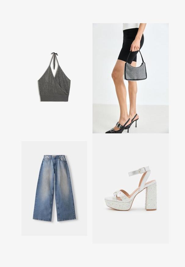 Grå halterneck strikket croptop med omslag foran og bred ribbet kant på hvid baggrund.; Lyseblå vidde jeans med falmet front, fem-lomme stil, knap- og lynlåslukning, lagt fladt på en hvid baggrund.; Hvide platform sandaler med en metallisk finish, der har to krydsede stropper, en ankelrem og en blokhæl prydet med funklende sten.; Sort perlehandtaske med en buet silhuet, bærehåndtag og blank overflade. Båret med højhælede sorte sko og tætsiddende sorte shorts.