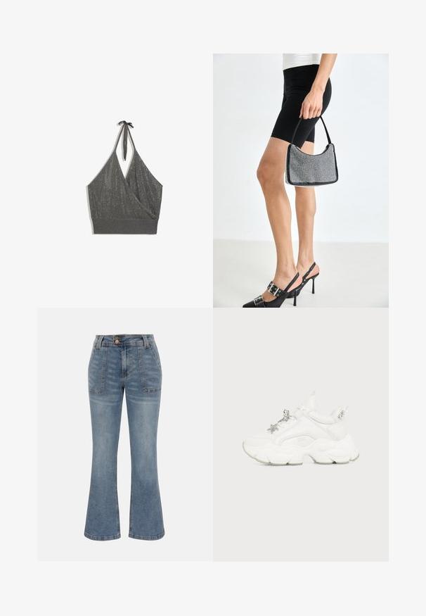 Sivý pletený crop top s halter neck, prednou časťou so zavinovacím vzhľadom a širokým rebrovaným lemom na bielom pozadí.; Modré riflové nohavice s vysokým pásom, prednými našitými vreckami, gombíkovým a zipsovým zapínaním a mierne rozšíreným strihom nohavíc.; Biele masívne tenisky s hrubou textúrovanou podrážkou, striebornými príveskami v tvare hviezdy a motýľa na šnúrkach a striebornými nitmi na zadnom páse.; Čierna korálková kabelka s zakriveným siluetom, nosnou rukoväťou a lesklou textúrou. Nosená s vysokými čiernymi topánkami na opätku a priliehavými čiernymi šortkami.