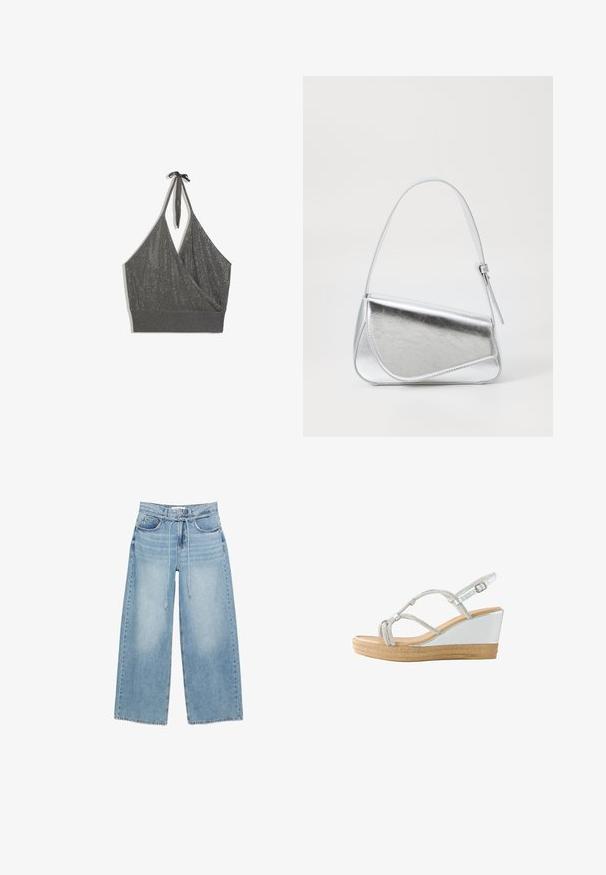 Grå halterneck strikket croptop med omslag foran og bred ribbet kant på hvid baggrund.; Lyseblå jeans med vide ben, høj talje, forlommer, bæltestropper og et tyndt justerbart snørebånd som bælte.; Hvid kile sandal med tan sål, metalliske sølv stropper og justerbar ankelspænde, vist fra siden på en hvid baggrund.; Sølvmetallic håndtaske med en trekantet form, glat overflade og en tynd, justerbar skulderrem. Har et fold-over design med syninger.