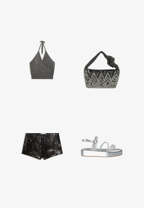 Grijze halterhals gebreide crop top met overslag voorzijde en brede geribde zoom op witte achtergrond.; Zwarte pailletten shorts met een aansluitend ontwerp. Heeft glinsterende pailletten, een soepele textuur en een tailleband voor een beveiligde pasvorm.; Zilveren platformsandalen met gevlochten banden en een enkelgesp. De zool is plat met een textuur voor grip.; Zwarte en zilveren geperste handtas met een geknoopte handgreep, voorzien van een ritsluiting en een patroon dat is gecreëerd door contrasterende kralen en texturen.