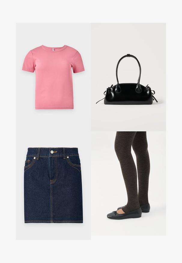 Camiseta de manga corta de color rosa, con relieve y hecha de un tejido suave, que presenta un escote redondo y un diseño ligeramente ajustado.; Falda de mezclilla azul oscuro con costuras visibles, diseño de cinco bolsillos y cierre de botón en la parte frontal. Corte recto con un dobladillo limpio.; Piernas con leggings oscuros acanalados combinados con bailarinas negras que presentan pequeños detalles de lazo sobre un fondo blanco.; Pequeño bolso negro brillante con dos asas largas y detalles de cordón lateral sobre un fondo claro liso.