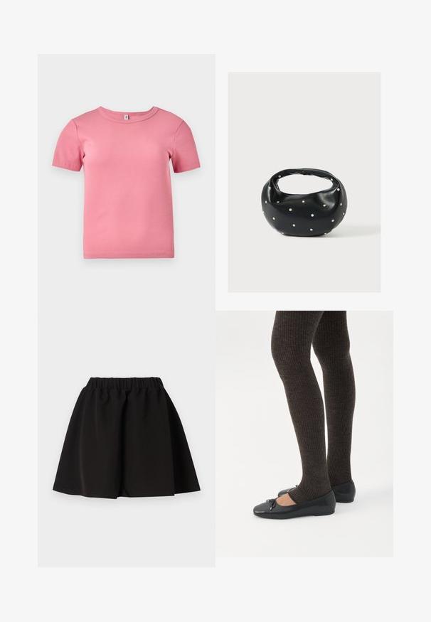 Camiseta de manga corta de color rosa, con relieve y hecha de un tejido suave, que presenta un escote redondo y un diseño ligeramente ajustado.; Falda negra con cintura elástica, forma en línea A y dobladillo a la altura de la rodilla, diseño liso, mostrada extendida sobre un fondo blanco.; Piernas con leggings oscuros acanalados combinados con bailarinas negras que presentan pequeños detalles de lazo sobre un fondo blanco.; Bolso de mano de cuero negro con forma redondeada, decorado con detalles de tachuelas plateadas y un asa corta. Textura lisa y cierre con cremallera.