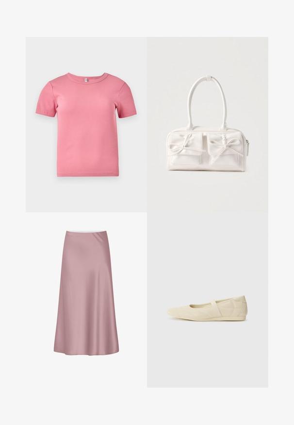 Kurze Ärmel, pinkes, geripptes T-Shirt aus weichem Stoff, mit Rundhalsausschnitt und leicht tailliertem Design.; Sanfter rosa Satin-Midirock mit A-Linien-Silhouette und glattem, fließendem Stoff.; Beige Ballerinas aus glattem Leder mit mandelförmiger Zehenpartie und elastischem Riemen über dem Fußrücken, ausgestattet mit dezenten Nähtelementen.; Weiße synthetische Handtasche mit zwei vorderen Taschen, jeweils mit einer gebundenen Schleifendekoration. Glatte Textur, abgerundete Griffe und Reißverschluss.