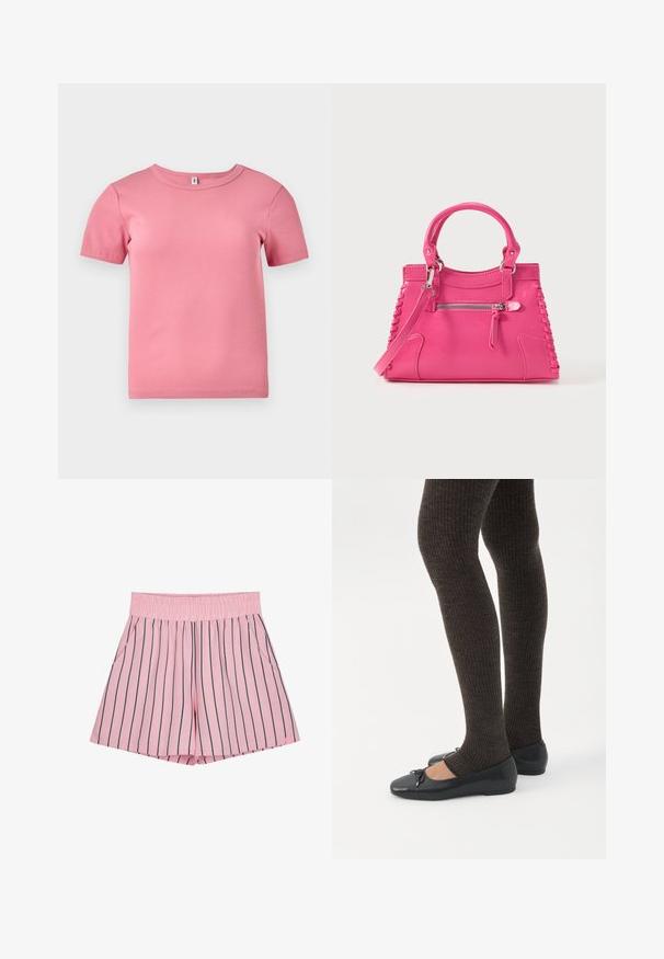 Korte mouwen roze geribbelde T-shirt gemaakt van zachte stof, met een ronde halslijn en een iets getailleerd ontwerp.; Lichtroze shorts met verticale marineblauwe strepen, elastische tailleband en zijzakken. Gemaakt van een zachte stof met een losse pasvorm.; Benen met donkere geribbelde leggings gecombineerd met zwarte ballerina's met kleine strikdetails op een witte achtergrond.; Roze leren handtas met dubbele handvatten, decoratief zijvetersluiting en een voorvak met ritssluiting. Glad oppervlak, gestructureerde vorm.