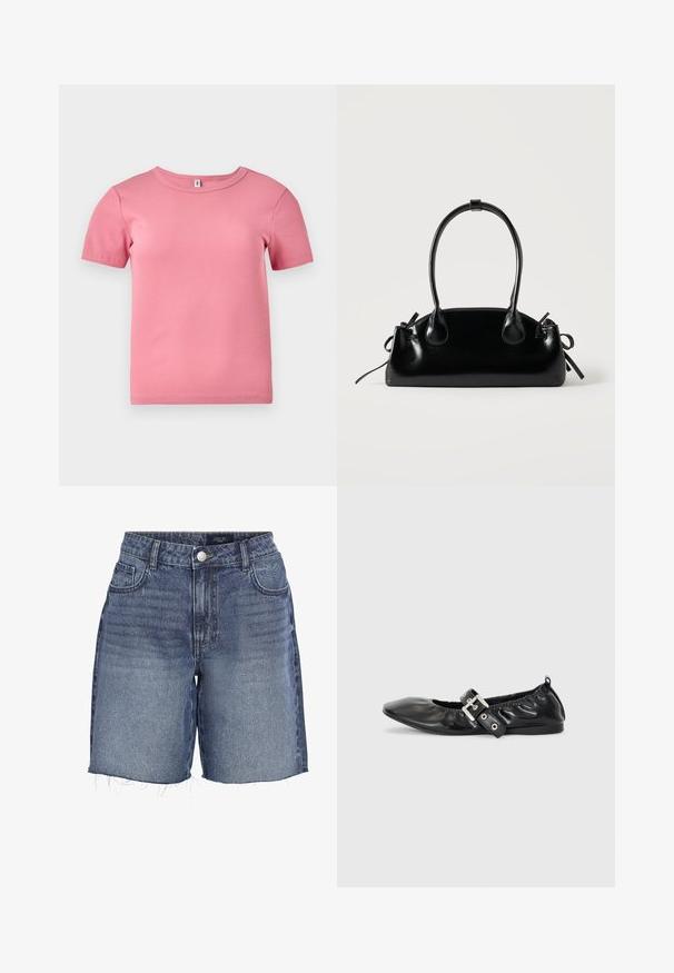 Camiseta de manga corta de color rosa, con relieve y hecha de un tejido suave, que presenta un escote redondo y un diseño ligeramente ajustado.; Pantalones cortos de mezclilla en azul oscuro con un lavado descolorido, con cintura alta, bajo deshilachado y diseño de cinco bolsillos. Cierre con botón de metal en la parte delantera.; Zapato plano de piel negra con puntera afilada, detalle fruncido alrededor de la abertura y un acento de hebilla plateada en la correa ajustable.; Pequeño bolso negro brillante con dos asas largas y detalles de cordón lateral sobre un fondo claro liso.