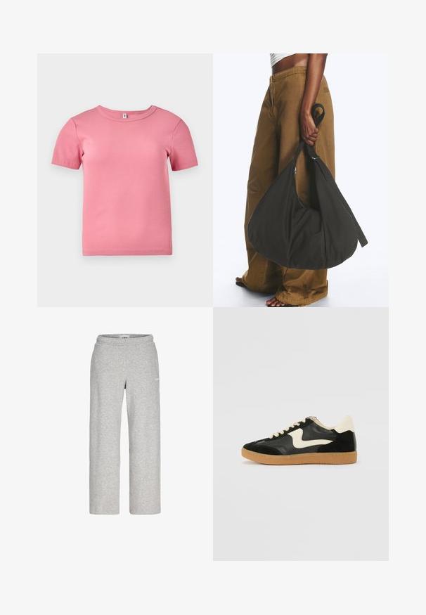 Camiseta de manga corta de color rosa, con relieve y hecha de un tejido suave, que presenta un escote redondo y un diseño ligeramente ajustado.; Pantalones deportivos de pierna recta de color gris claro con cintura elástica y un pequeño logo blanco en el muslo superior.; Zapatillas de deporte de ante y cuero negro con un swoosh lateral en crema y un talón en crema claro. Presenta cordones beige y una suela de goma marrón.; Persona con pantalones marrones de pata ancha y top blanco sosteniendo un gran bolso negro blando por la correa a su lado.
