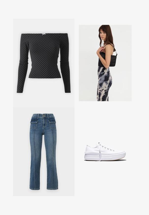 Sort off-shoulder top med lange ærmer, der har hvide prikker og en dekorativ lys blå sløjfe bagpå. Lavet af blødt stof.; ONLY Petite ONLWAUW MID WAIST FLARED - Flared jeans - medium blue denim; Hvid lavt snørestøvle med tyk plateau-sål, snørelukning foran og gummiforstærket tåkap, set i sideprofil.; Sort quiltet skuldertaske med en enkelt rem og sølvhardware, parret med en tætsiddende kjole med tie-dye mønster i nuancer af sort og creme.