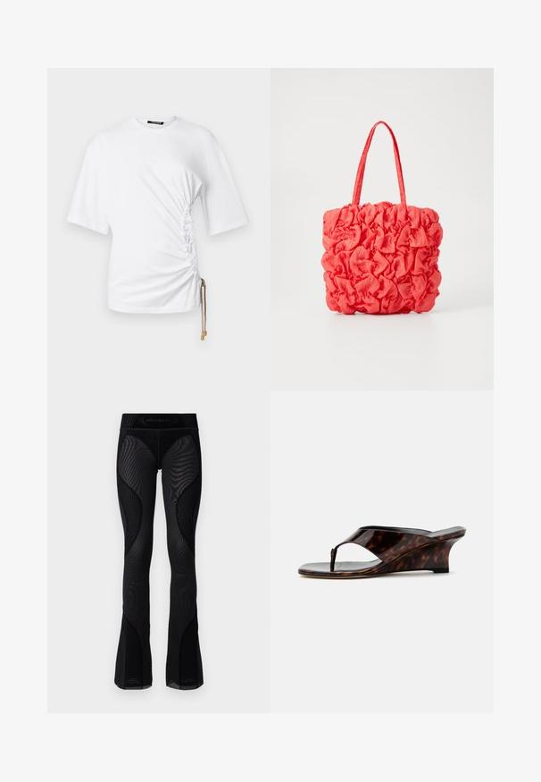 Hvid kortærmet T-shirt med sidelæg og snor, der har guldhardware til justerbar pasform. Glat bomuldsstof.; Sorte mesh flared leggings med tekstureret detaljering og mønstrede indsæt. Har en høj talje med brandlogo øverst.; Dame kilehælssandal med skildpaddemønster, åben tå og T-rem, vist fra siden på hvid baggrund.; Koralfarvet tote bag med en tekstureret, samlet design. Lavet af blødt stof, med to robuste håndtag og et rummeligt indre.