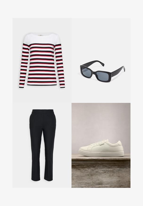 Esprit Camiseta de manga larga - black; Pantalones negros ajustados con pierna recta, hechos de una tela suave. Presentan una cinturilla sin cierres visibles ni bolsillos.; Zapatilla blanca de cuero con cordones flotando sobre un banco de madera, con hierba alta verde desenfocada al fondo en un entorno al aire libre.; Gafas de sol rectangulares negras con lentes oscuros, montura de plástico grueso y patillas anchas. Superficie lisa y diseño anguloso.