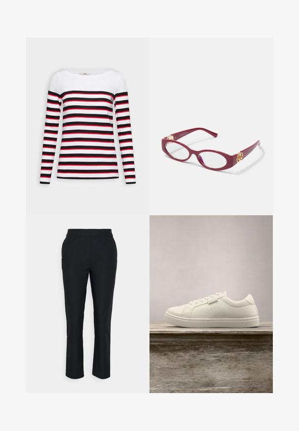 Esprit Langærmet T-shirt - black; Sorte skræddersyede bukser med lige ben, lavet af glat stof. Har en talje med ingen synlige lukninger eller lommer.; Hvide lædersneakers med snørebånd svævende over en træbænk, grøn høj græs sløret i baggrunden udendørs.; Røde plastikbriller med ovalt stel og klare linser. Har guldfarvede hardware-detaljer på stængerne og et slankt moderne design.