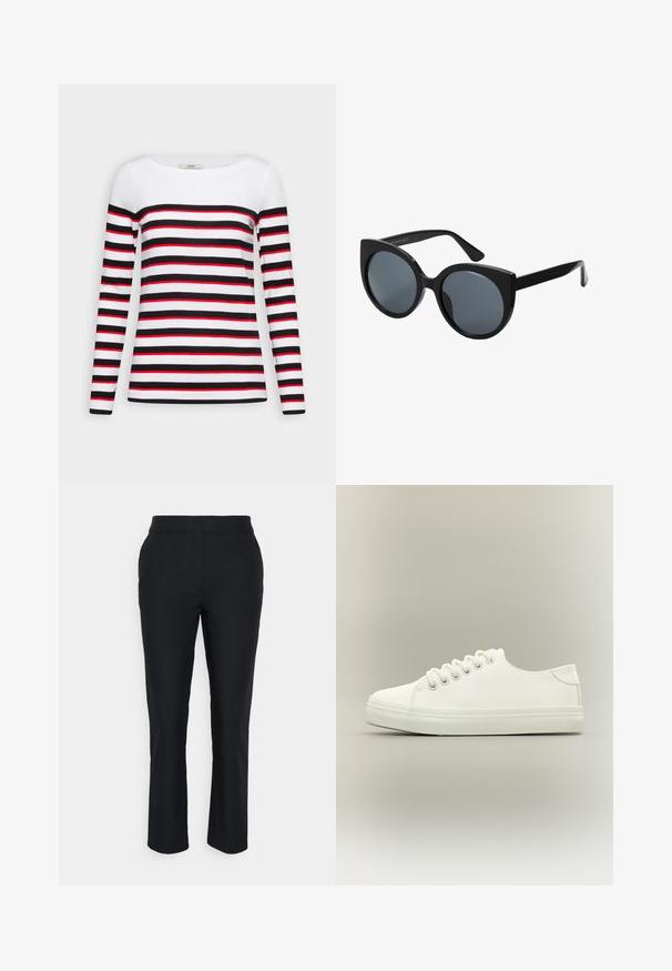Esprit Camiseta de manga larga - black; Pantalones negros ajustados con pierna recta, hechos de una tela suave. Presentan una cinturilla sin cierres visibles ni bolsillos.; Zapatilla blanca baja con cordones blancos y suela de goma mostrada desde vista lateral sobre un fondo neutro.; Gafas de sol negras de gran tamaño con forma de ojo de gato, lentes oscuros y montura de plástico brillante. Presenta patillas gruesas para mayor soporte.