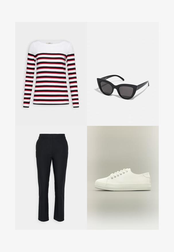 Esprit Longsleeve - black; Zwarte op maat gemaakte broeken met een rechte pijp, gemaakt van soepel materiaal. Heeft een tailleband zonder zichtbare sluitingen of zakken.; Witte lage sneaker met witte veters en rubberen zool, zijaanzicht op een neutrale achtergrond.; Zwarte cat-eye zonnebril met een matte afwerking, voorzien van grijs getinte glazen, scherpe hoeken en slanke zijarmen. Merkennaam zichtbaar op de binnenarm.