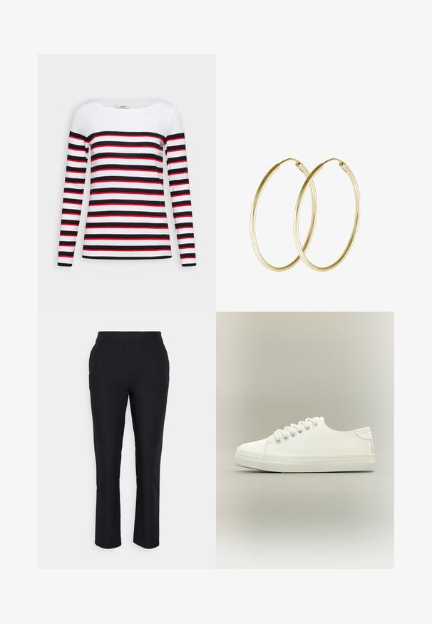 Esprit Camiseta de manga larga - black; Pantalones negros ajustados con pierna recta, hechos de una tela suave. Presentan una cinturilla sin cierres visibles ni bolsillos.; Zapatilla blanca baja con cordones blancos y suela de goma mostrada desde vista lateral sobre un fondo neutro.; Pendientes de aro de oro con un diseño suave y redondeado y un acabado brillante. Construcción ligera con un cierre de broche seguro.