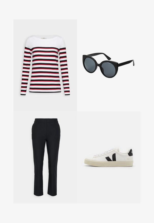Esprit Langærmet T-shirt - black; Sorte skræddersyede bukser med lige ben, lavet af glat stof. Har en talje med ingen synlige lukninger eller lommer.; Hvide lædersneakers med sort gummiv V-logo. Tekstureret off-white sål, hvide snørebånd og bagside med brandnavn i sort.; Storede sorte oversized solbriller med katteøjeform, mørkt tonede linser og glansfuldt plastisk stel. Har tykke stænger for støtte.
