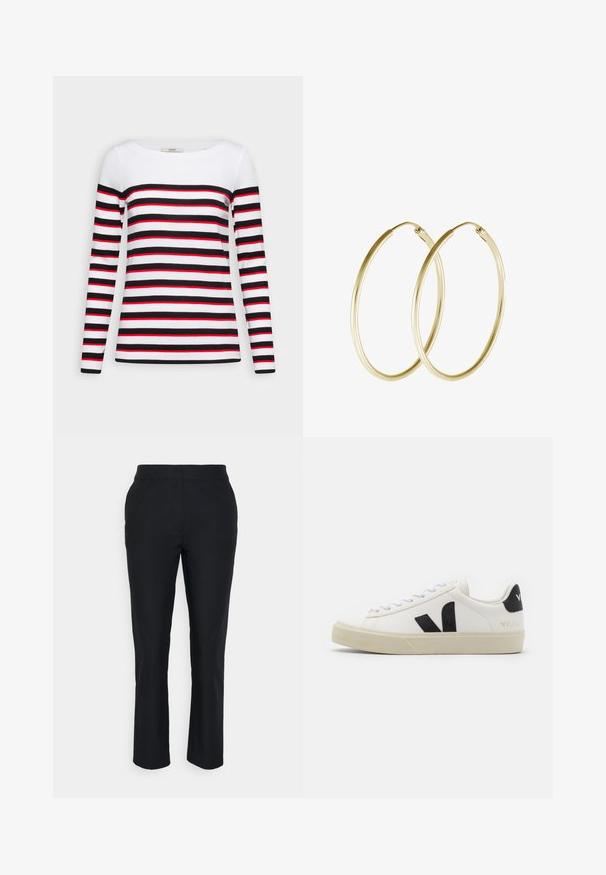 Esprit Camiseta de manga larga - black; Pantalones negros ajustados con pierna recta, hechos de una tela suave. Presentan una cinturilla sin cierres visibles ni bolsillos.; Zapatilla de cuero blanca con logo V de goma negra. Suela texturizada en blanco roto, cordones blancos y detalle en el talón trasero con el nombre de la marca en negro.; Pendientes de aro de oro con un diseño suave y redondeado y un acabado brillante. Construcción ligera con un cierre de broche seguro.