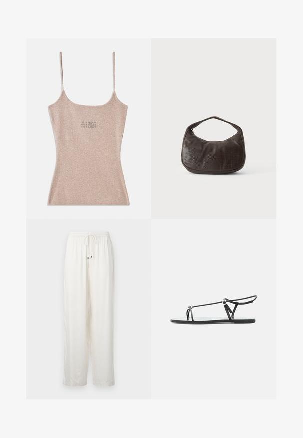 Débardeur beige à côtes avec des fines bretelles réglables. Il présente un décolleté carré et un petit motif imprimé près du centre.; Pantalons blancs légers et amples avec une taille élastique et un cordon de serrage. Présente un subtil éclat et un design à jambe droite.; Sandale plate noire avec fines lanières, une boucle pour les orteils et une boucle de cheville ajustable sur un fond gris clair.; Petit sac à main marron foncé texturé avec une courte bandoulière et un fond arrondi sur un fond clair uni.