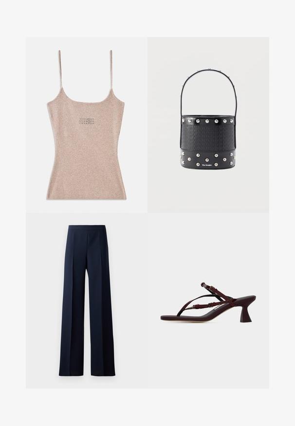 Ribbed, vaaleanbeige tank top ohueilla säädettävillä olkaimilla. Takana on neliskulmainen pääntie ja pieni painatus lähellä keskustaa.; Lantihaalari tummansinisestä kankaasta, jossa on sileä pinta, hienovaraiset etupesut ja istuva vyötärö, joka luo virtaviivaisen siluetin.; Tummanpunainen remmillä varustettu avokengänkorko, jossa säädettävät soljet ja levenevä keskipitkä korko tasaisella pinnalla.; Musta ämpärilaukku, jossa on kudottu rakenne, hopeiset niittikoristeet ja siro kahva. Etupuolella näkyy brändäys ja pohja on sileää nahkaa.