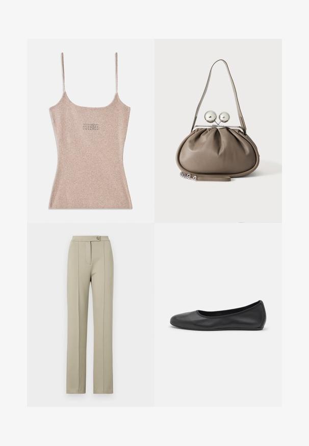 Rippenshirt in Beige mit dünnen verstellbaren Trägern. Mit einem quadratischen Ausschnitt und einem kleinen Druckdetail in der Mitte.; Beige maßgeschneiderte Hose mit geradem Schnitt, ausgestattet mit einem Reißverschluss vorne, einem einzelnen Knopfverschluss und dezenten Bügelfalten entlang der Vorderbeine.; Schwarze Leder-Ballettschuhe mit abgerundeter Spitze, glatter Textur, minimalen Nähdetails und einem flexiblen Sohlen-Design.; Graue Lederhandtasche mit abgerundeter Form, oberem Verschluss mit zwei großen silbernen Kugeln und einem einzelnen Trageriemen.