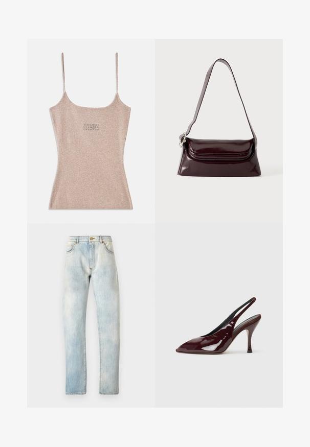 Ribbet, beige top med tynde justerbare stropper. Har en firkantet udskæring og en lille trykt detalje nær midten.; Lyseblå denimjeans med lige pasform, fem lommer og knaplukning. Begge med en bleg tekstur og detaljeret syning på sømmene.; NEOUS HAMAL - Højhælede pumps - dark chocolate; Mørk bordeaux skuldertaske i læder med klaplukning og en tynd justerbar rem, vist på en ensfarvet lys baggrund.