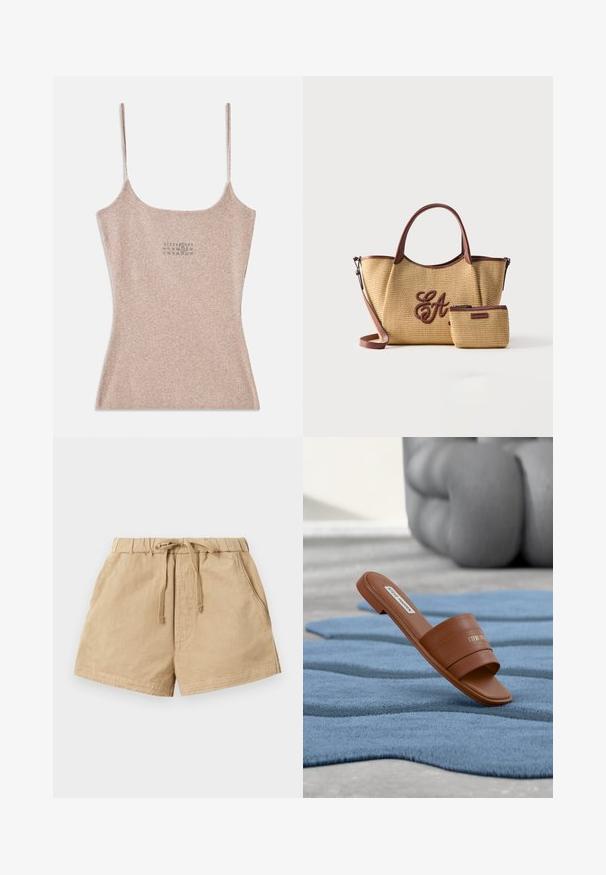 Ribbet, beige top med tynde justerbare stropper. Har en firkantet udskæring og en lille trykt detalje nær midten.; Khaki shorts lavet af blødt stof, med en elastisk talje og snøre, to sidelommer og en afslappet pasform.; Brun læder Steve Madden slide sandal, der hviler på et tekstureret blåt tæppe med en sløret grå pude i baggrunden.; Flettet stråtote-taske og matchende lille pung med brune læderhåndtag og kant, tote-tasken har et broderet, skråt skrevet "EA"-logo på forsiden.