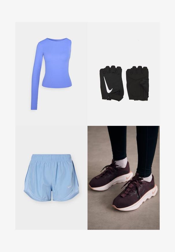Blauw shirt met lange mouwen gemaakt van gladde stof. Heeft een ronde halslijn en een nauwsluitend silhouet met één mouw van volledige lengte.; Lichtblauwe sportshorts met elastische tailleband, gebogen zijpanelen en wit Nike swoosh-logo op de voorkant van het rechterbeen.; Bordeauxrode sportschoenen met een gewoven bovenwerk, witte zool en zwart Nike-logo. Voorzien van ronde veters en patroonvormige veterlussen.; Zwarte vingerloze fitnesshandschoenen van ademend materiaal, met een wit Nike-logo, gevoerde handpalmen en een open polsontwerp voor flexibiliteit.