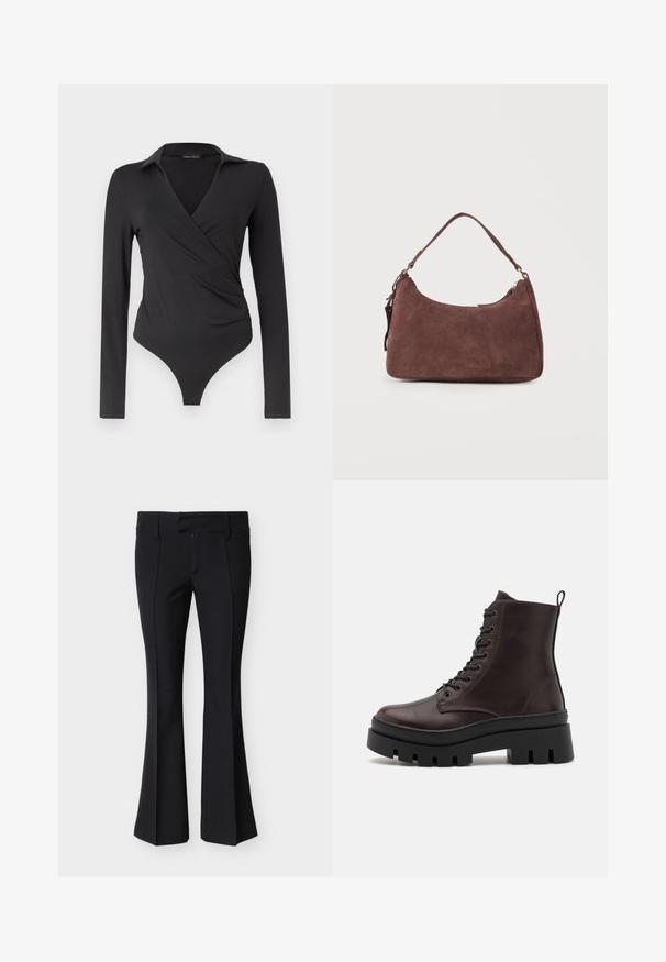 Sort bodysuit med lange ærmer, wrap-front-design og krave, figursyet silhuet, uden synlige knapper eller pynt.; Sorte vida bukser lavet af et glat, elastisk stof. Har en skræddersyet pasform, flad front og ingen synlige hardware-detaljer.; Brune læder ankelstøvler med en rund tå, sort kraftig sål og snørredetaljer. Har en bageste løkke for nem påtagning.; Brun skuldertaske i ruskind med én hank og lynlåslukning, vist mod en ensartet lys baggrund.