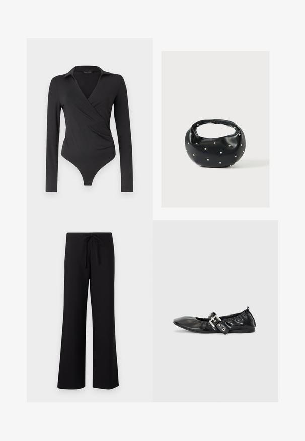 Body noir à manches longues avec design croisé à l'avant et col, silhouette ajustée, sans boutons ni ornements visibles.; Pantalons larges noirs en tissu doux, dotés d'une taille à cordon de serrage et d'une texture lisse, conçus pour le confort et la polyvalence.; Chaussure plate en cuir noir avec un nez pointu, des détails froncés autour de l'ouverture et un accent en boucle argentée sur la bride ajustable.; Sac à main en cuir noir de forme arrondie, décoré de clous argentés et équipé d'une poignée courte. Texture lisse et fermeture éclair.