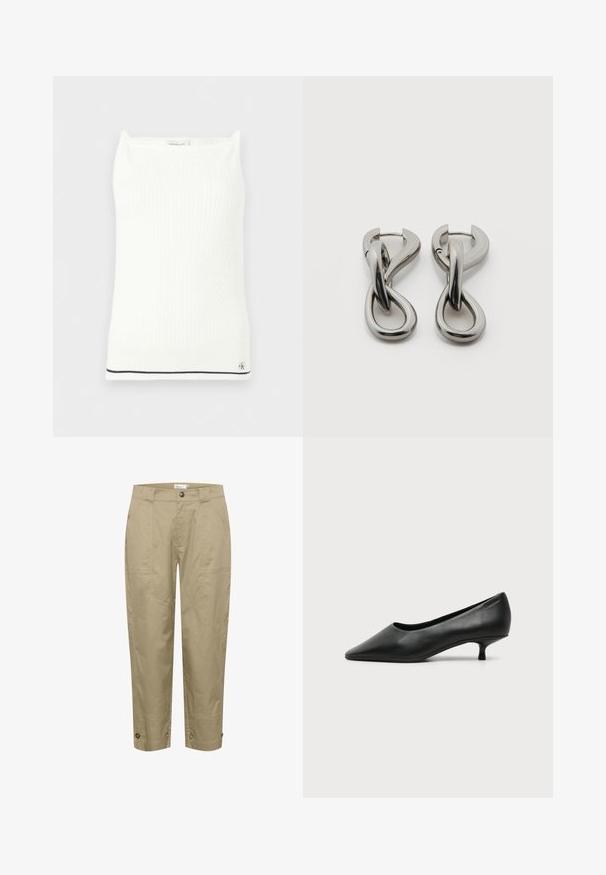 Hvid strikket ærmeløs top med subtilt kabelmønster, firkantet halsudskæring, sort kant ved nederste kant og lille Calvin Klein-logo nær bunden.; Beige, lette bukser med lige pasform, der har sidelommer og knapdetaljer i kanten for justerbar pasform og stil.; Sort lavhælet damesko i læder med spids tå og lille kitten heel på ensfarvet lys baggrund.; Par af sølvtonede metale øreringe med abstrakt sammenflettet løbedesign på hvid baggrund.