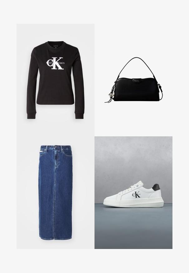 Zwarte longsleeve t-shirt gemaakt van katoen. Beschikt over een witte "Calvin Klein" logo en klein "CK" ontwerp op de voorkant. Klassieke crew neck stijl.; Donkerblauwe denim rok tot op de knie, met een vooruitsnijding, traditionele tailleband en vijf zakken met contrasterende stiksels.; Witte lage sneaker met zwarte hiel tab, plateauzool, veters en Calvin Klein "CK" logo aan de zijkant.; Zwarte rechthoekige Calvin Klein handtas met enkele bovenriem, zilveren logo-ornament en een kleine klepsluiting aan de voorkant.